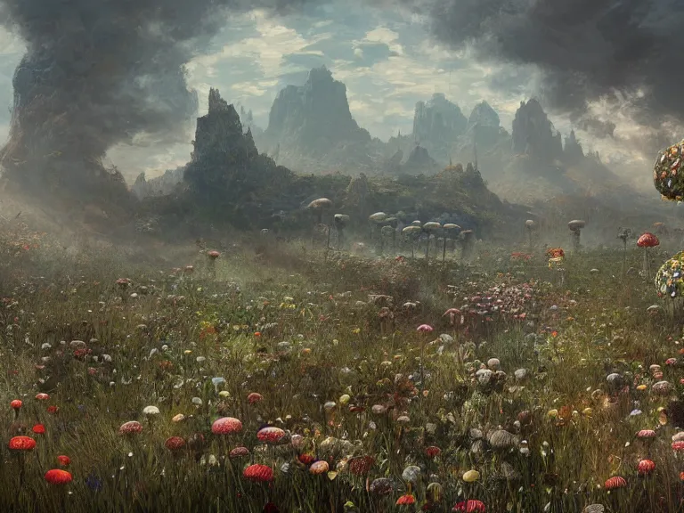 Prompt: the wasteland filled with giant flowers and mushrooms, au naturel, hyper detailed, digital art, trending in artstation, cinematic lighting, studio quality, smooth render, unreal engine 5 rendered, octane rendered, art style by klimt and nixeu and ian sprigger and wlop and krenz cushart