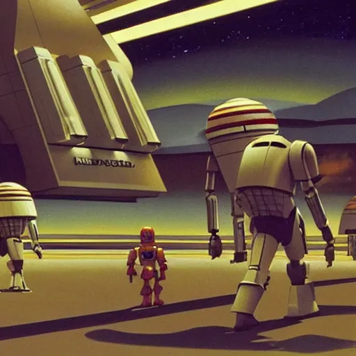 Image similar to ralph mcquarrie concept art of a futuristic mcdonalds. a space station is seen off in the distance with various droids and people walking in the foreground. a trooper is seen holding a brown mcdonalds bag.