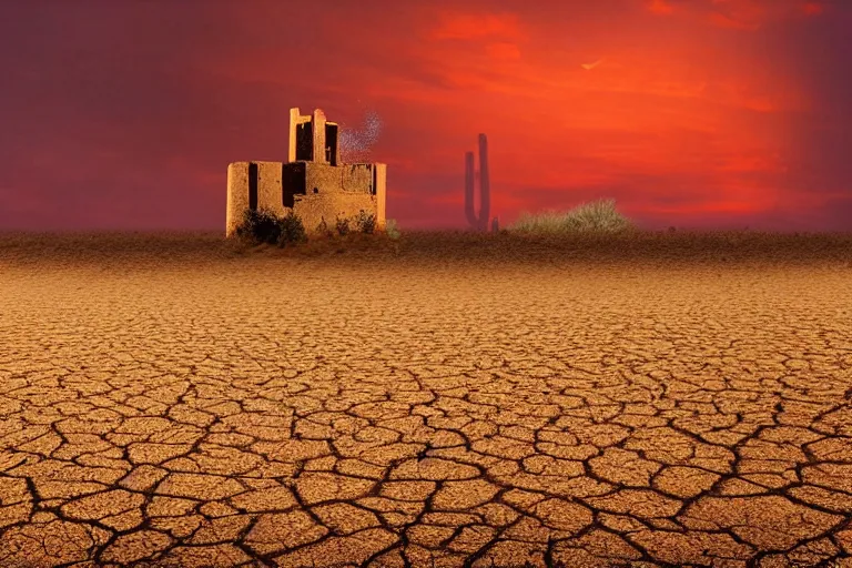 Image similar to very dry ground, desert, cracked, big tower in the background, red sky, fire in the background, award - winning, ethereal, dreamy, realistic