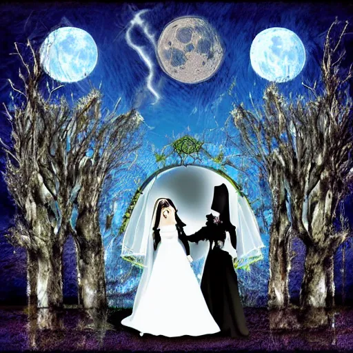 Image similar to a gothic wedding under a full blue moon, digital art