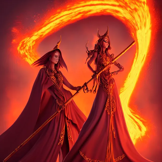 Prompt: beautiful elemental volcano witch with ornate orange robes and staff, highly detailed, 4 k, hdr, smooth, sharp focus, high resolution, award - winning photo, artgerm, photorealistic