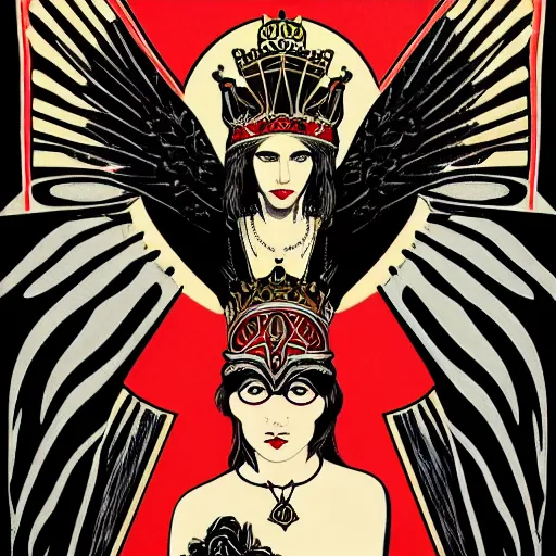 Image similar to Illustrated by Shepard Fairey and H.R. Geiger | a renaissance style portrait painting of raven winged female vampire with VR helmet , wearing a crown and cape, , surrounded by cables, dark background