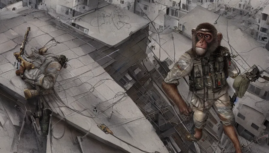 Prompt: sniper monkey on the roof of a building during iraq war, hyperdetailed, artstation, cgsociety, 8 k