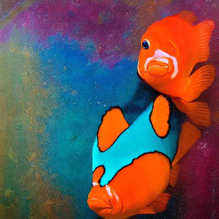 Image similar to Hyperrealistic Studio wet collodion Photograph portrait of a rainbow Clownfish deep underwater in darkness, award-winning nature deep sea expressionistic impasto oil painting by Cy Twombly and Tim Hawkinson vivid colors hyperrealism 8k