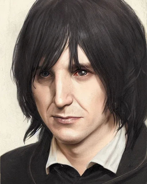 Image similar to portrait of a 3 2 - year - old man wearing black clothes, snape severus, with black, greasy, mid - length hair, hooked nose, dark brown eyes, yellow uneven teeth, highly detailed, digital painting, artstation, concept art, smooth, sharp focus, illustration, art by artgerm and greg rutkowski and alphonse mucha