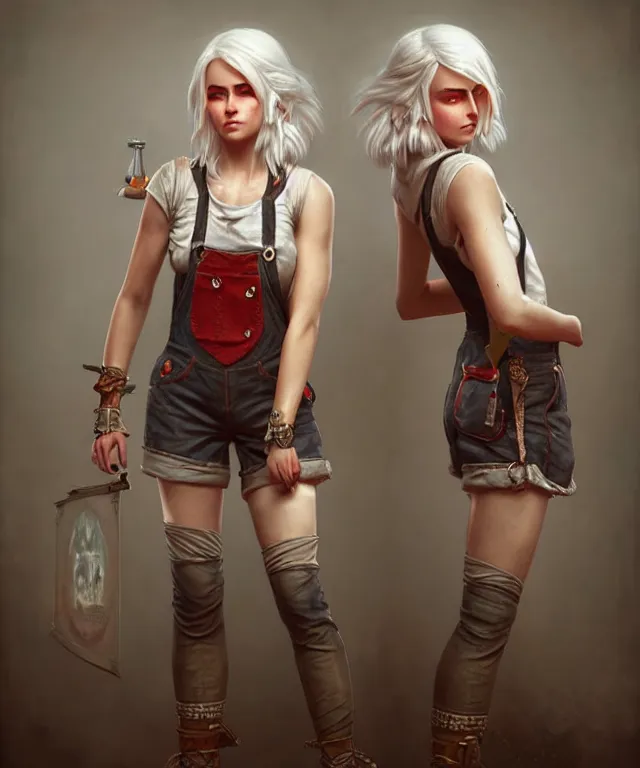 Image similar to full body pose, ciri, torn overalls, short shorts, combat boots, beautiful, highly detailed face!, extremely detailed!, digital painting, unreal engine 5, art by tom bagshaw