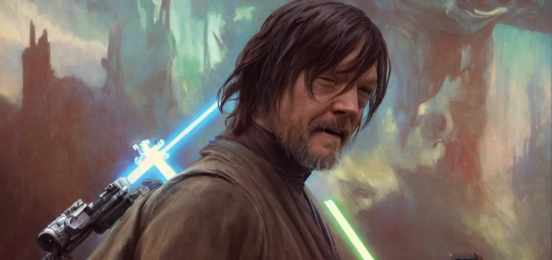 Prompt: norman reedus as a jedi by Stanley Artgerm Lau, greg rutkowski, thomas kindkade, alphonse mucha, loish, norman Rockwel