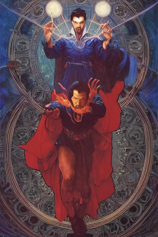 Prompt: Epic Dr. strange lit by dark evil magic portal, amazing colour harmony and variation, simple background, by Donato Giancola, William Bouguereau, John Williams Waterhouse and Alphonse Mucha