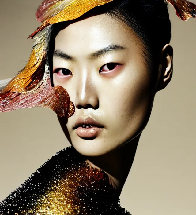 Image similar to photography facial portrait of liu wen, natural background, sensual lighting, natural fragile pose, wearing stunning cape by iris van herpen, with a colorfull makeup. highly detailed, skin grain detail, photography by paolo roversi, nick knight, helmut newton, avedon, araki