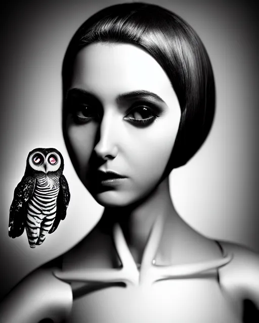 Image similar to surreal mythical dreamy dark artistic black and white fine art 3 / 4 fashion portrait photo of a young beautiful delicate female robot with orchid - owl face, rim light, cinematic, studio dramatic light, poetic, masterpiece, octane render, 8 k, photo - realistic by hg giger and man ray