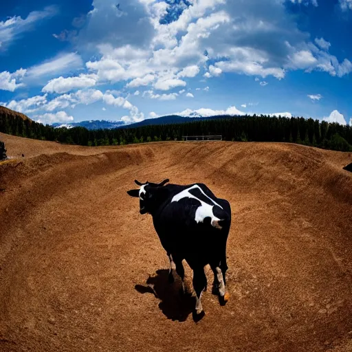 Prompt: a cow standing on a motocross jump, fisheye lens