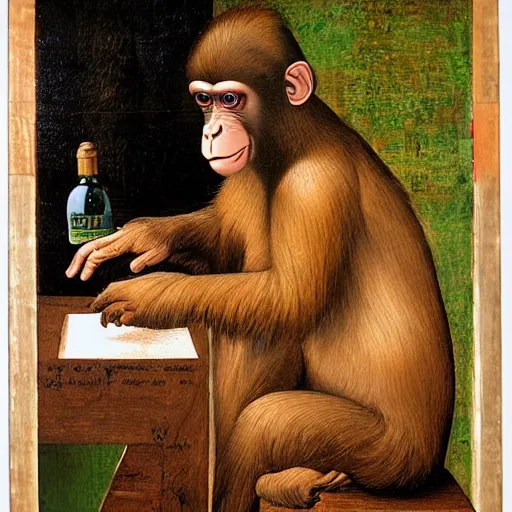 Prompt: Frustrated monkey sitting in front of computer and coding, bottle of rum is near the computer, Leonardo da Vinci painting