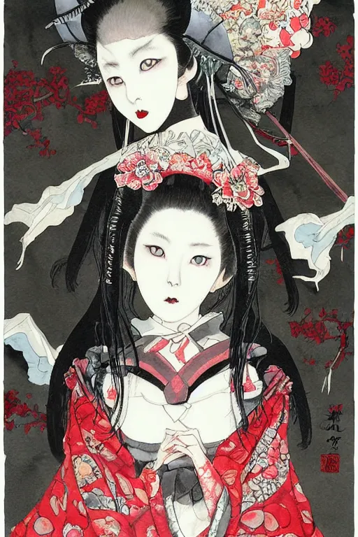 Image similar to watercolor painting of an avant - garde japanese cat geisha vampire queen in a victorian lolita fashion red dress in the style of lovecraftian horror painted by yoshitaka amano, takato yamamoto, ayami kojima, dmt art, symmetrical vogue face portrait, intricate detail, artstation, cgsociety, artgerm, rococo