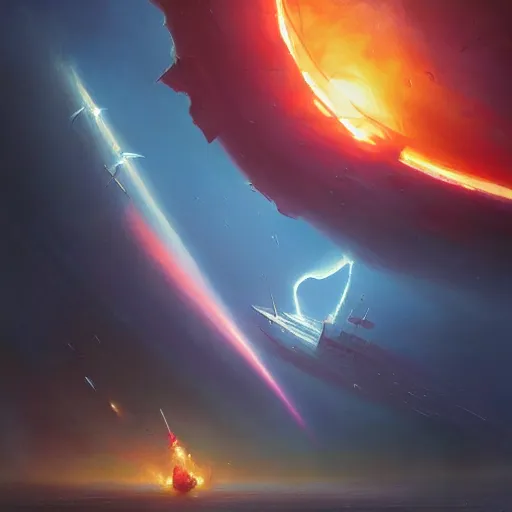 Image similar to ''cinematic shot of an spaceship being hit by a rocket and has to evacuate from the ship made by ivan aivazovsky, peter mohrbacher, greg rutkowski volumetric light effect broad light oil painting painting fantasy art style sci - fi art style realism premium prints available artwork unreal engine