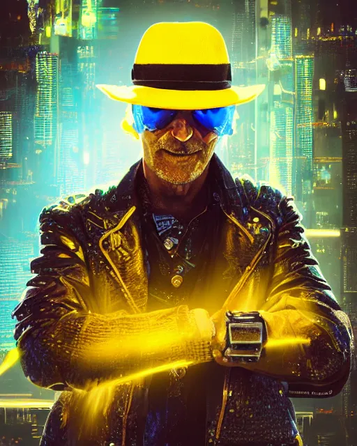 Prompt: an intimate portrait of a gnarly human cyberpunk captain, old skin, faded trilby, charming, strong leader, metal eye piece, a look of cunning, big smile, detailed matte fantasy painting, golden cityscape, lasers, sparks, yellow and blue and cyan