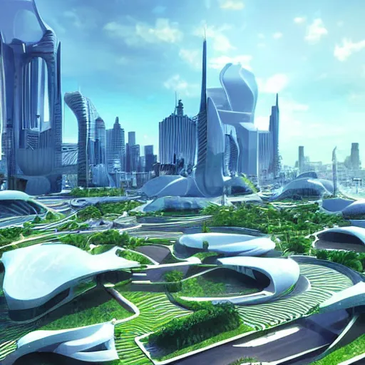 Prompt: utopian future city with amazing modern architecture, parametric design, highly detailed, photorealistic portrait, bright studio setting, studio lighting, crisp quality and light reflections, unreal engine 5 quality render