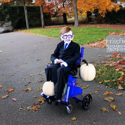 Image similar to a kid dressed up as Stephen Hawking for Halloween, trick or treating, photography,