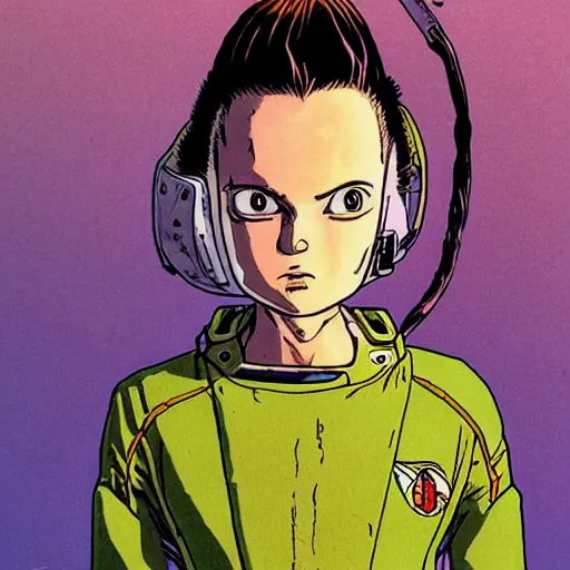 Image similar to close up portrait of the young spaceship pilot girl, front view, masterful, in the style of moebius, akira toriyama, jean giraud