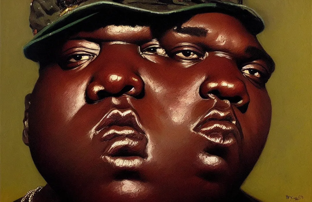 Image similar to portrait of biggie smalls!!!!!!!!!!!!!!!!!!!!!!!!!!!, detailed face, detailed painting,, epic lighting, by ilya repin, phil hale and kent williams