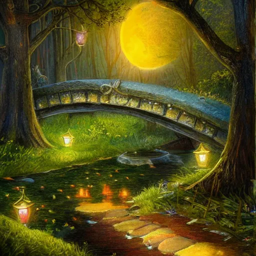 Prompt: painting, high detail, woodland village, night, fantasy, crescent moon, stone paths, bridge, water stream, luminous, toadstools, fireflies, fantasy,, flowers, lanterns, mist, highly detailed painting, fine lines, 8 k realistic, sharp focus