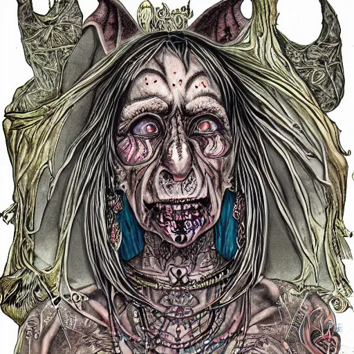 Prompt: realistic image of a haggard old wrinkled female goblin shaman, colourful, intricate ornate scars and tattoos, bone jewellery, dark ambience, rococo style