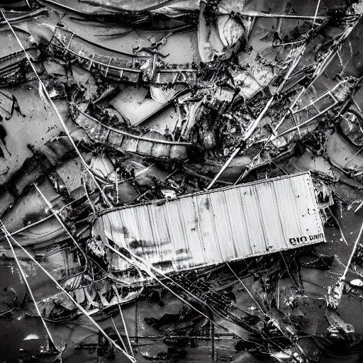 Image similar to airborne view, crashed cargo ship leaking mysterious black slime, black gooey liquid leaking out of crashed cargo ship, apocalyptic, ruined, container ship, crashed, 8 5 mm f / 1. 4