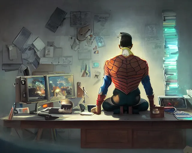 Image similar to an insanely detailed painting of a nerdy asian man wearing a superhero costume, sitting at a desk, staring at the nervously at the computer and typing, in the style of peter mohrbacher, dramatic lighting and composition, octane render, pixar, trending on artstation, concept art, comic book, view from behind