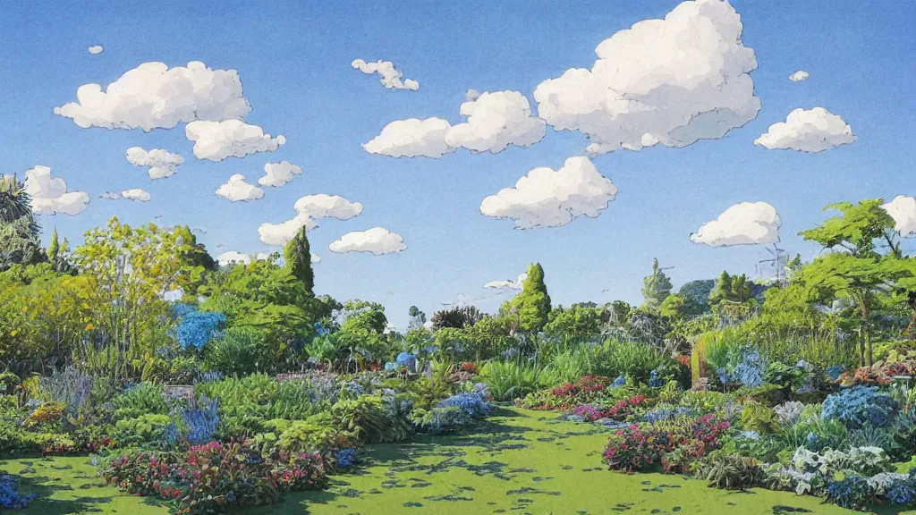 Image similar to an artificial garden with blue skies, landscape, moebius,