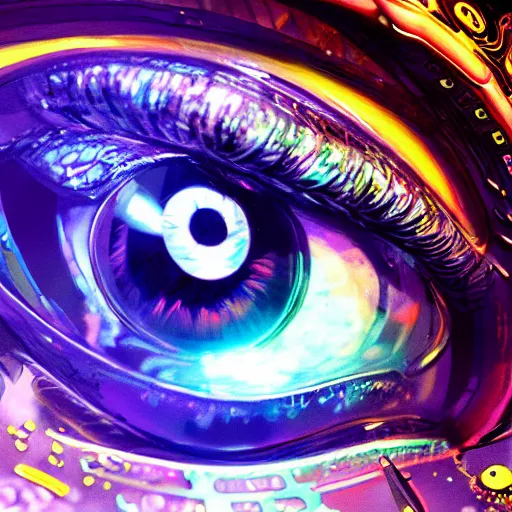 Image similar to Cybernetic Eye with intricate reflections, Close up, colorful, fantasy, vivid colors, concept art, sharp focus, digital art, Hyper-realistic, 4K, Unreal Engine, Highly Detailed, HD, Dramatic Lighting by Brom, trending on Artstation