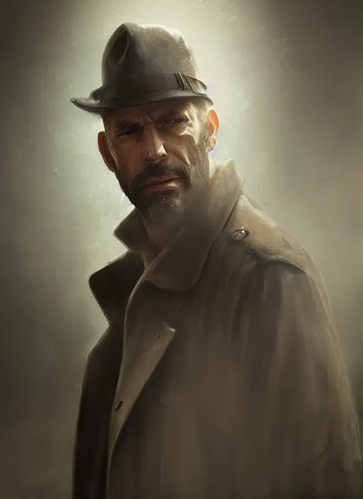 Image similar to portrait of a rugged man in a trenchcoat, highly detailed, fantasy, godrays, cinematic lighting, close up, volumetric, realistic, digital art by greg rutkowski