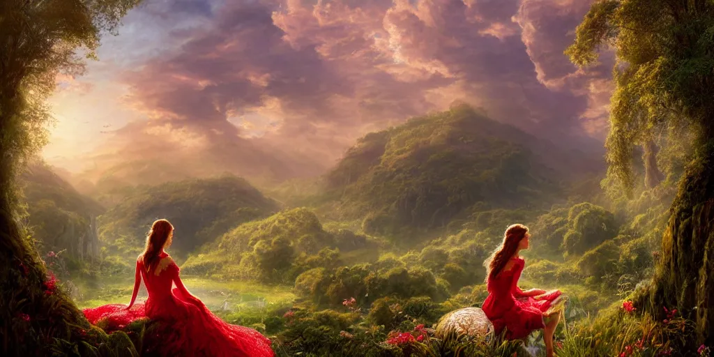 Image similar to an elegant fairy queen in a red lace dress sitting and looking out at a lord of the rings scenery landscape, vast lush valley flowers and giant mushroom structures, river, sunrise, god's rays highly detailed, vivid colour, soft clouds, floral sunset, cinematic lighting, perfect composition, 8 k, gustave dore, derek zabrocki, greg rutkowski, belsinski