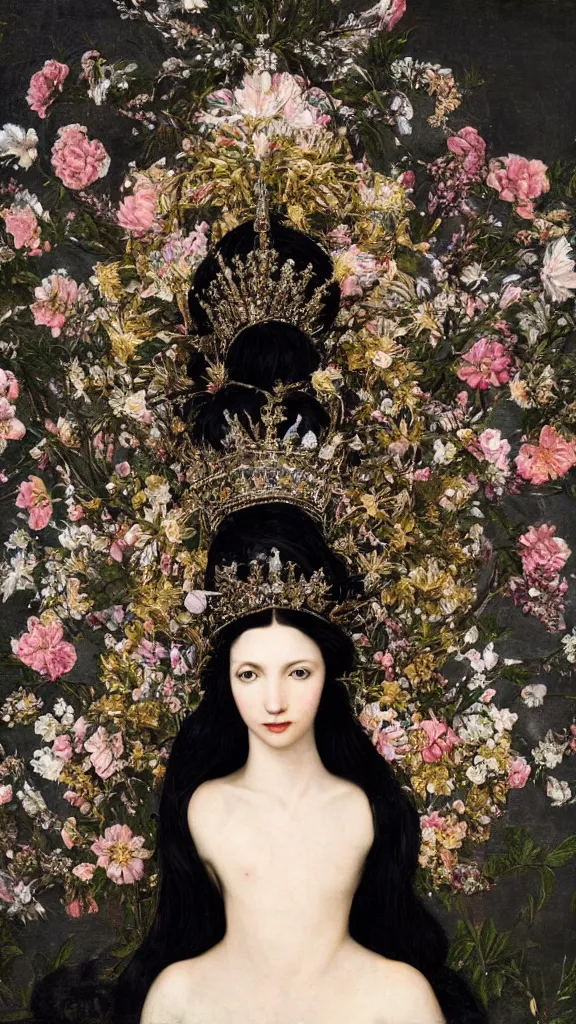 Image similar to a closeup portrait of a beautiful black haired woman with pale skin and a crown on her head sitted on an intricate metal throne, in an infinite landscape of flowers, photograph by caravaggio, canon eos c 3 0 0, ƒ 1. 8, 3 5 mm, 8 k, medium - format print