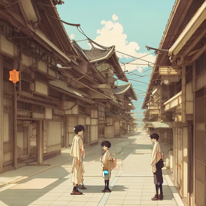 Image similar to empty japanese city, spring, in the style of studio ghibli, j. c. leyendecker, greg rutkowski, artem