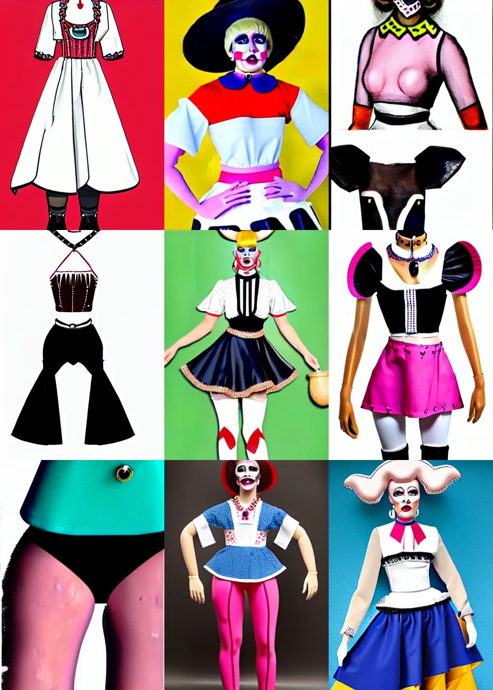 Prompt: a 2022 fashion illustration of a Dutch milkmaid costume with a cowbell choker and exposed midriff. silicone prosthetic cow udder fx makeup on midriff. drag queen, campy