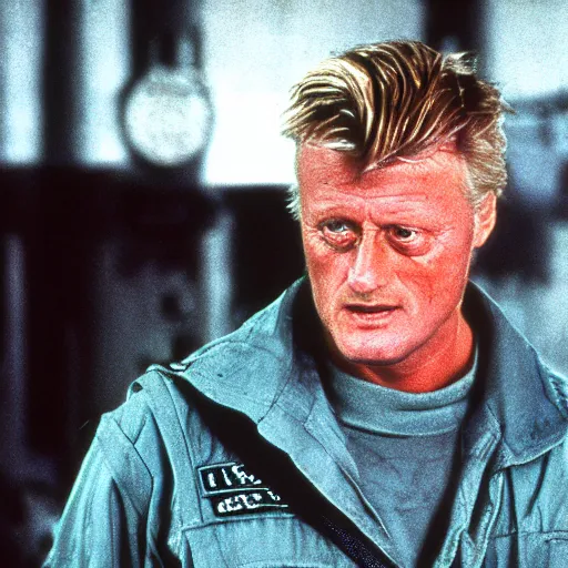 Prompt: rutger hauer in a military base, 1 9 8 7, blue, movie still