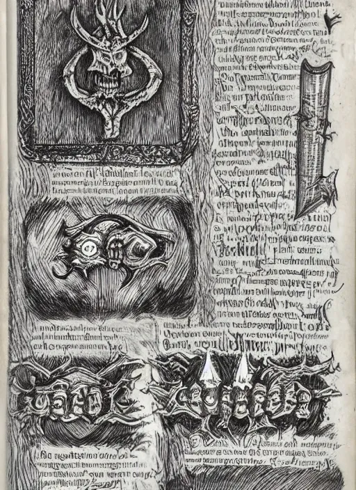 Image similar to a full page scan of handwritten evil spells, illustrated, intricate writing, knives made of human bones, satanic, evil, grimoire page, necronomicon style