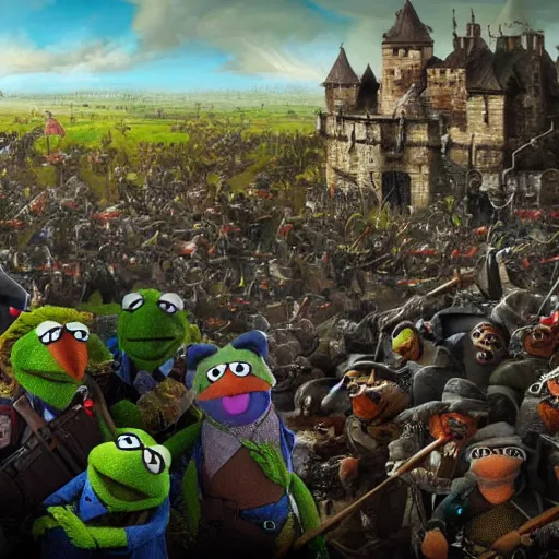 Image similar to muppet siege warfare, epic battle painting with extreme detail, very wide panorama