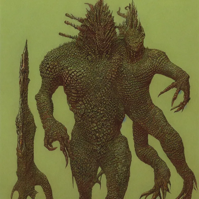 Image similar to a full body portrait of lizardman warrior concept, tribal, portrait by beksinski and moebius, background by moebius