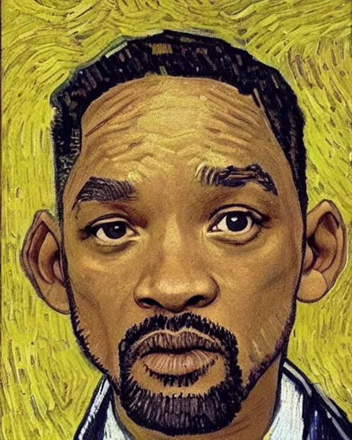 Prompt: Will Smith in the style of van gogh self portrait, face, detailed, sharp focus