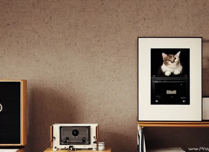 Image similar to photography of a Cat sitting on a record player. in a room full of posters, photorealistic, raining award winning photo, 100mm, sharp, high res