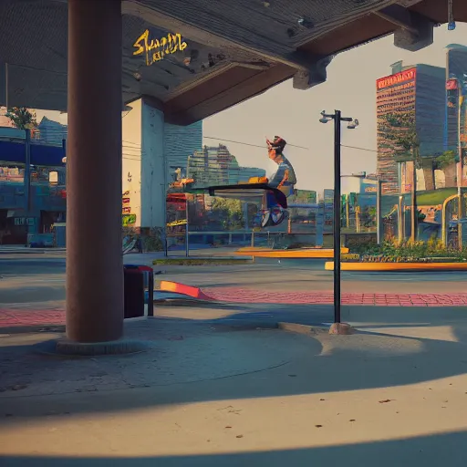 Image similar to (Bart Simpson) skateboarding at a playground in Night City Cyberpunk 2077, muted cyberpunk style, tranquil, desolate, atmospheric, hazy, sweltering, autochrome, 8k, reflections, octane render, unreal engine 5