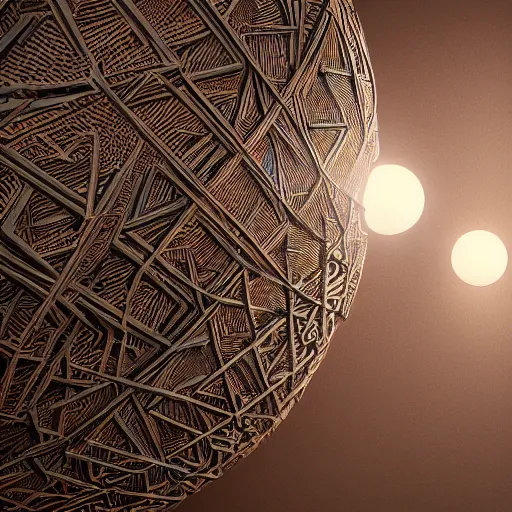 Prompt: : sphere sculpture covered with maze pattern,hyper detailed art station  parabolic lighting contest winners unrealengine trending on artstation,cinematic, hyper realism, high detail, octane render, 8k