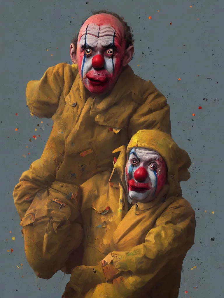 Image similar to a portrait of a sad and helpless clown in a painting from stalenhag, 4 k, 8 k, hdr, artstation, concept art