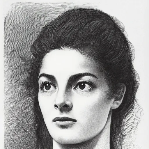 Image similar to extreme close-up, black and white, portrait of a young french woman from 1960s, marie laforet as model, Gustave Dore lithography