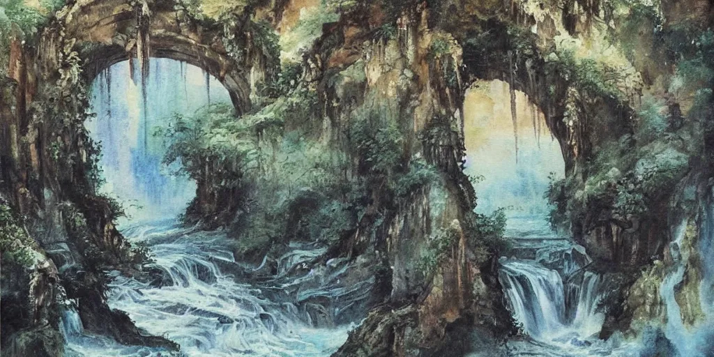 Image similar to “ large ancient gate in the middle of water fall, oil painting, masterpiece, chinese water color, aesthetic ”