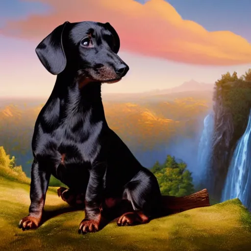 Prompt: black fur dachshund sitting on top of a hill, waterfall in background, matte painting, cartoon, historical painting, framed, golden hour