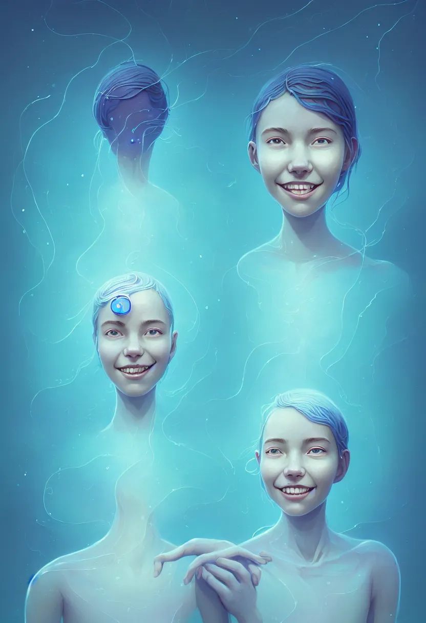 Image similar to young woman smiling in etheric hypothalamus of her mind, in a light blue color palette of cosmic spring, flowing, intricate, beautiful render, award winning photography, by simon stalenhag and wlop and artgerm, beautiful illustration