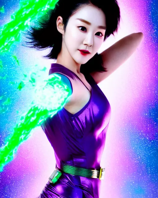 Prompt: photos of beautiful actress HoYeon Jung with Purple colored skin makeup as the purple skinned Green Lantern soranik natu as she soars thru outer space, HoYeon Jung, photogenic, purple skin, short black pixie like hair, particle effects, photography, studio lighting, cinematic