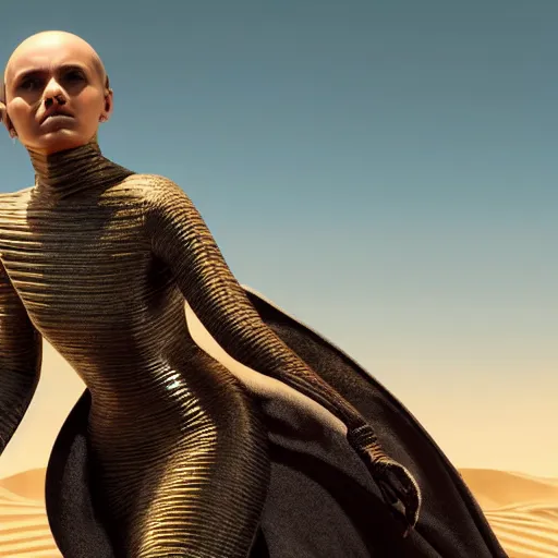 Image similar to dune movie inspired avant-garde art, deco fashion, highly detailed, photorealistic portrait, bright studio setting, studio lighting, crisp quality and light reflections, unreal engine 5 quality render