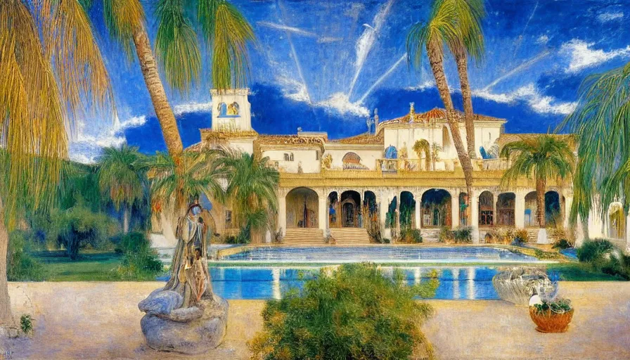 Prompt: a 1 9 9 8 southern spain palace!!! costa blanca, designed by jules bastien - lepage, bispo do rosario, arnold bocklin, tarsila do amaral and gustave baumann, cheval michael, warm, mediterranean, star, sharp focus, colorful refracted sparkles and lines, soft light, 8 k 4 k